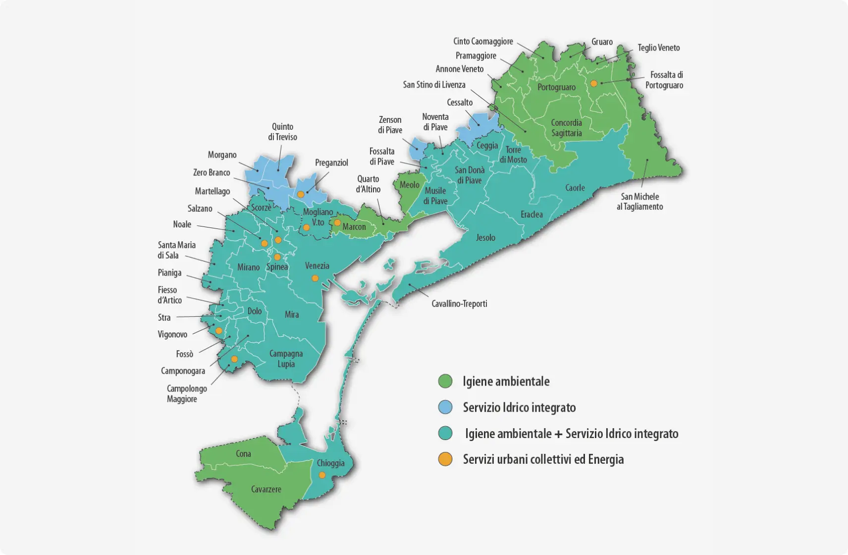 Mappa con i 44 comuni serviti da Veritas