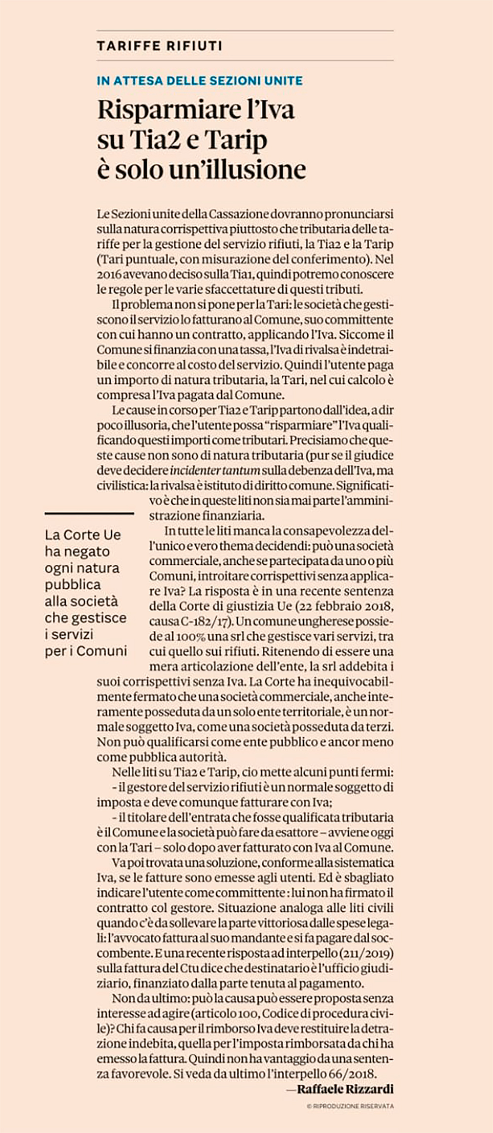 Articolo del Sole 24 ore del 02.10.2019 - Risparmiare l'Iva su Tia2 e Tarip è solo un'illusione